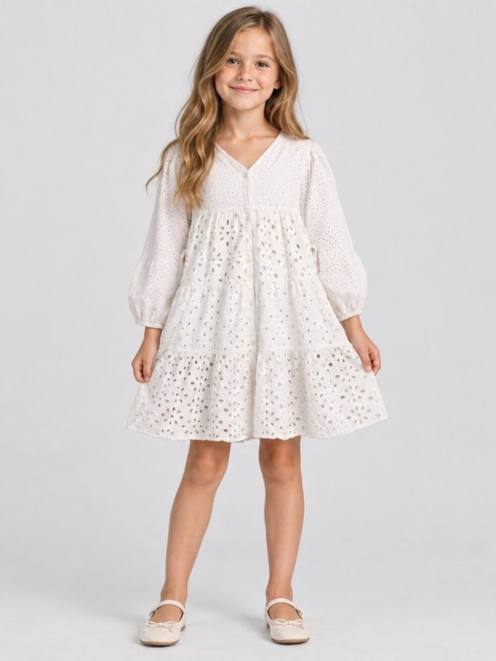 Zara Girls Size 8 White Eyelet Embroidered Dress Long Sleeve Tiered Ruffle Boho